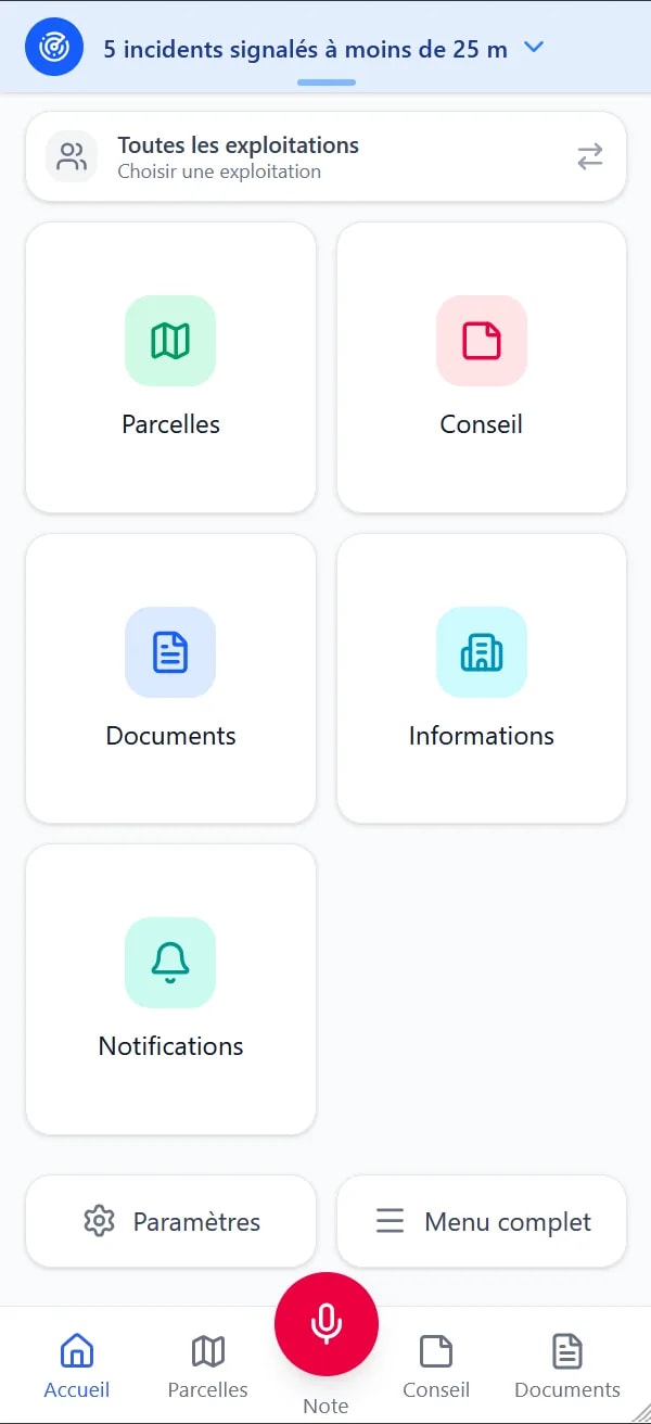 Accueil ExploGestion sur mobile : parcelles, conseil, documents et prise de note vocale à portée de pouce
