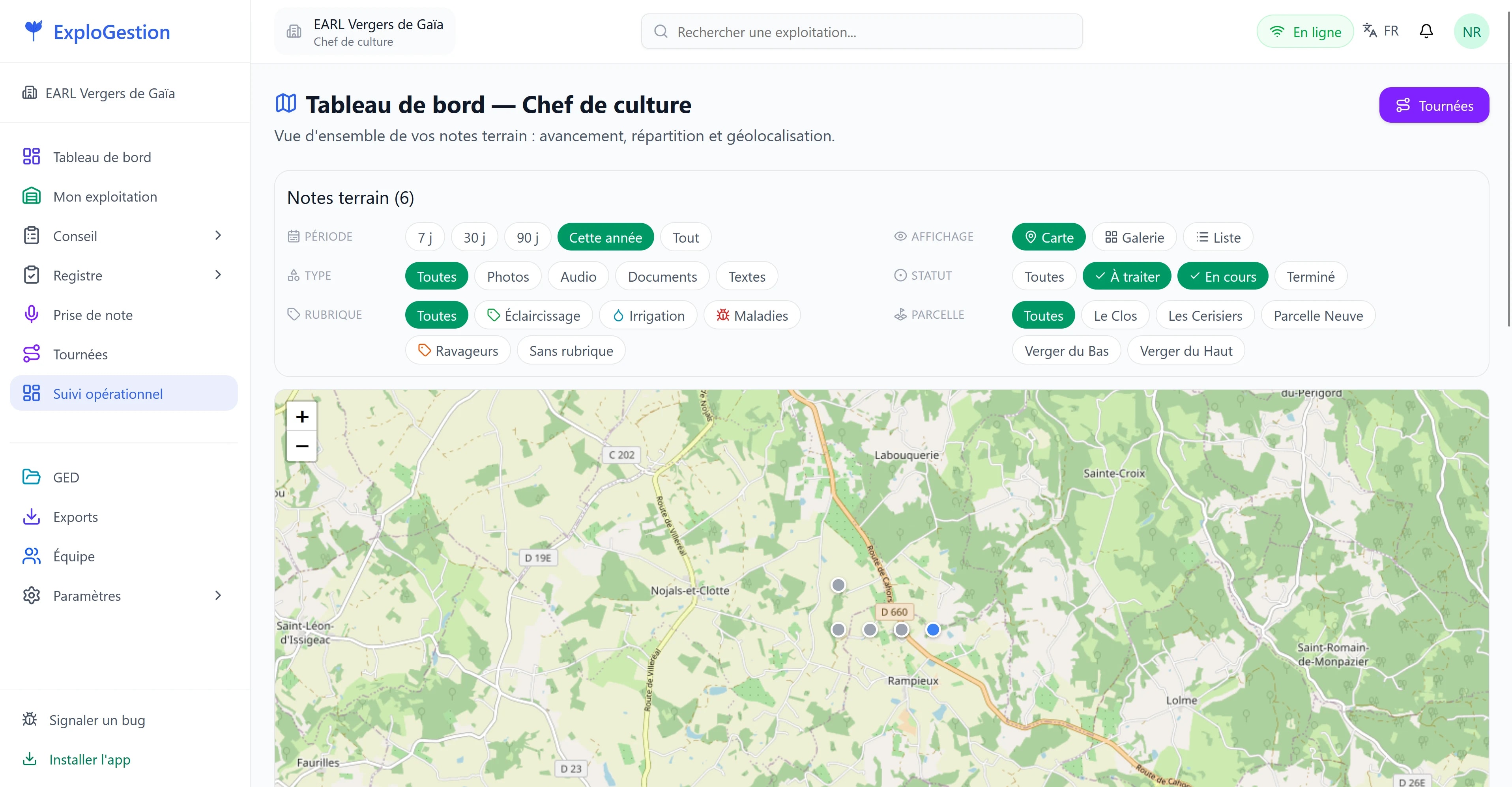 Tableau de bord ExploGestion : notes terrain géolocalisées, avancement et rubriques